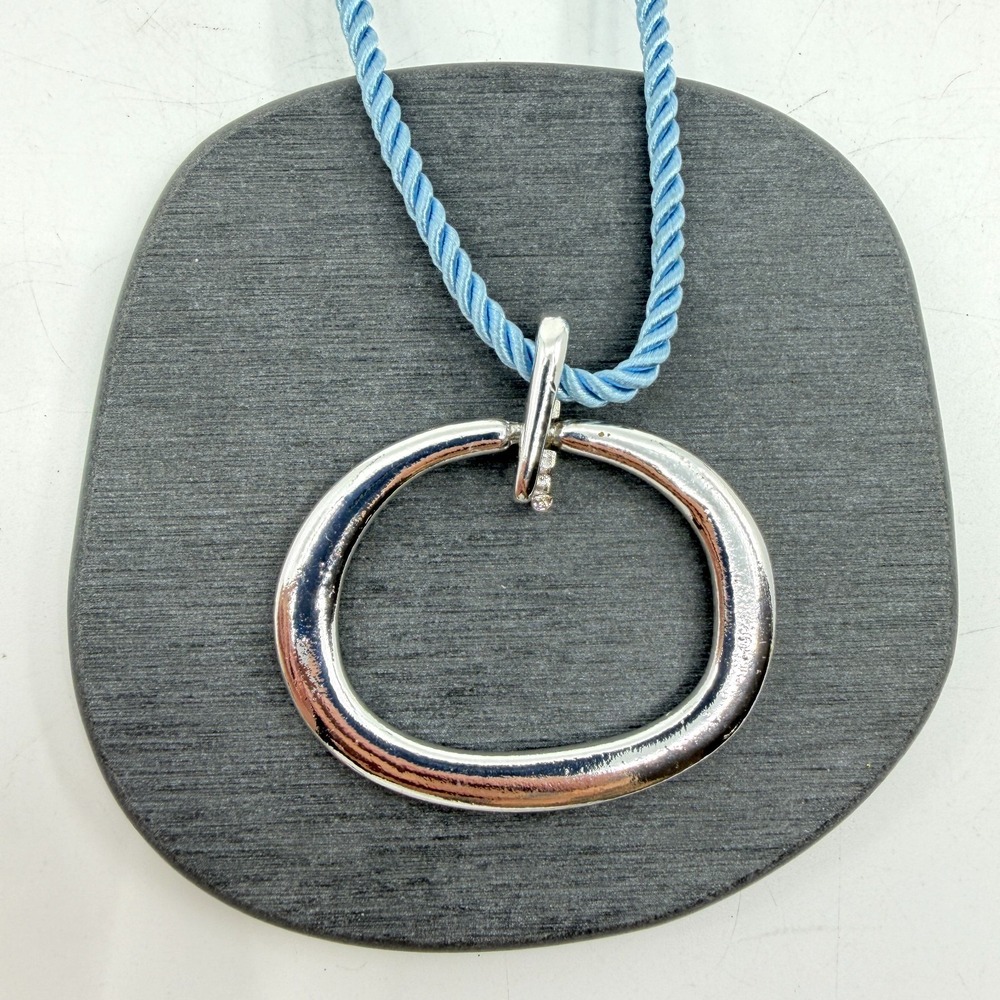 Silver Tone Open Circle Pendant Necklace Light Blue Twisted Cord Modern Gift